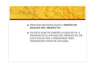     PROCESO METODOLOGICO: DISEÑO DE
     IMAGEN DEL PRODUCTO

    EN ESTA FASE DE DISEÑO LO QUE SE VA A
     DISEÑAR ES EL ENVASE DEL PRODUCTO, DE
     LOS CUALES VAN A DISEÑARSE TRES
     DIFERENTES TIPOS DE ENVASES.
 
