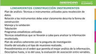 LINEAMIENTOS CONSTRUCCIÓN INSTRUMENTOS
Plan de análisis: Técnicas e instrumentos utilizados para recolección de
datos
Relación a los instrumentos debe estar claramente descrita la forma de
construcción
Manejo y la validación
Tabulación
Programas estadísticos utilizados
Técnicas estadísticas que se llevarán a cabo para analizar la información
recolectada.
Plan de análisis coherente con la pregunta de investigación
Diseño del estudio y el tipo de muestreo realizado.
Procedimientos en el orden que permita el mejor análisis de la información,
Descriptivo hasta, si es del caso, la evaluación de asociación entre variables.
 