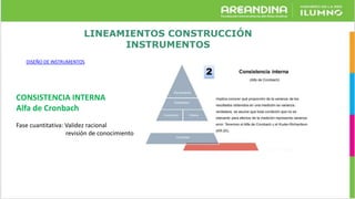 LINEAMIENTOS CONSTRUCCIÓN
INSTRUMENTOS
DISEÑO DE INSTRUMENTOS
CONSISTENCIA INTERNA
Alfa de Cronbach
Fase cuantitativa: Validez racional
revisión de conocimiento
 