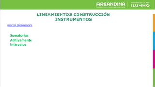 LINEAMIENTOS CONSTRUCCIÓN
INSTRUMENTOS
INDICE DE CRONBACH SPSS
Sumatorias
Aditivamente
Intervalos
 