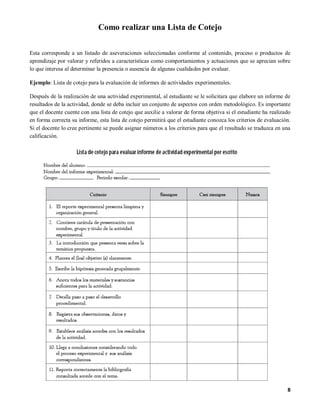 Como realizar una Lista de Cotejo

Esta corresponde a un listado de aseveraciones seleccionadas conforme al contenido, proceso o productos de
aprendizaje por valorar y referidos a características como comportamientos y actuaciones que se aprecian sobre
lo que interesa al determinar la presencia o ausencia de algunas cualidades por evaluar.

Ejemplo: Lista de cotejo para la evaluación de informes de actividades experimentales.

Después de la realización de una actividad experimental, al estudiante se le solicitara que elabore un informe de
resultados de la actividad, donde se deba incluir un conjunto de aspectos con orden metodológico. Es importante
que el docente cuente con una lista de cotejo que auxilie a valorar de forma objetiva si el estudiante ha realizado
en forma correcta su informe, esta lista de cotejo permitirá que el estudiante conozca los criterios de evaluación.
Si el docente lo cree pertinente se puede asignar números a los criterios para que el resultado se traduzca en una
calificación.




                                                                                                                 8
 