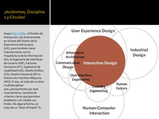 ¡Acrónimos, Disciplina
s y Círculos!

Según Dan Saffer, el Diseño de
Interacción cae enteramente
en el área del Diseño de la
Experiencia del Usuario
(UX), pero también tiene
intersecciones con la
Arquitectura de la Información
(IA), la Ingeniería de Interfaces
de Usuario (UIE), Factores
Humanos (HT), Ingeniería de
Usabilidad (UE), Diseño Gráfico
(CD), Diseño Industrial (ID!) e
Interacción Hombre-Máquina
(HCI): O sea, se trata de un área
multidisciplinar
que, precisamente por esta
característica, necesita de
criterios claros que permitan
establecer con nitidez sus
lindes. De alguna forma, se
trata de un “best of breed” .

 