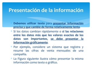 Debemos utilizar texto  para  presentar información precisa y que cambie de forma relativamente lenta .  Si los datos cambian rápidamente o  si las relaciones entre los datos más que los valores exactos de los datos son importantes ,  se debe presentar la información gráficamente . Por ejemplo, considere un sistema que registra y resume las cifras de venta mensuales de una compañía.  La Figura siguiente ilustra cómo presentar la misma información como texto o gráfico.  Presentación de la información 