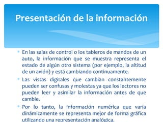 En las salas de control o los tableros de mandos de un auto, la información que se muestra representa el estado de algún otro sistema (por ejemplo, la altitud de un avión) y está cambiando continuamente.  Las vistas digitales que cambian constantemente pueden ser confusas y molestas ya que los lectores no pueden leer y asimilar la información antes de que cambie.  Por lo tanto, la información numérica que varía dinámicamente se representa mejor de forma gráfica utilizando una representación analógica.  Presentación de la información 