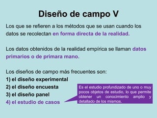 Diseño de campo VDiseño de campo V
Los que se refieren a los métodos que se usan cuando los
datos se recolectan en forma directa de la realidad.
Los datos obtenidos de la realidad empírica se llaman datos
primarios o de primara mano.
Los diseños de campo más frecuentes son:
1) el diseño experimental
2) el diseño encuesta
3) el diseño panel
4) el estudio de casos
Es el estudio profundizado de uno o muy
pocos objetos de estudio, lo que permite
obtener un conocimiento amplio y
detallado de los mismos.
 