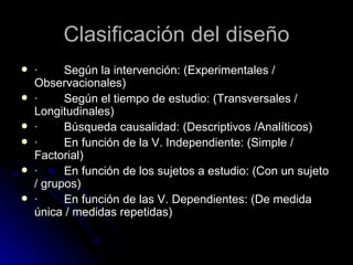 ·        Según la intervención: (Experimentales / Observacionales) ·        Según el tiempo de estudio: (Transversales / Longitudinales) ·        Búsqueda causalidad: (Descriptivos /Analíticos) ·        En función de la V. Independiente: (Simple / Factorial) ·        En función de los sujetos a estudio: (Con un sujeto / grupos) ·        En función de las V. Dependientes: (De medida única / medidas repetidas) Clasificación del diseño 