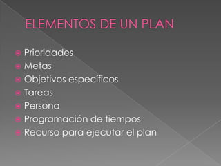  Prioridades
 Metas
 Objetivos específicos
 Tareas
 Persona
 Programación de tiempos
 Recurso para ejecutar el plan
 