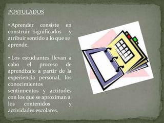 POSTULADOS

• Aprender consiste en
construir significados y
atribuir sentido a lo que se
aprende.

• Los estudiantes llevan a
cabo el proceso de
aprendizaje a partir de la
experiencia personal, los
conocimientos
sentimientos y actitudes
con los que se aproximan a
los    contenidos        y
actividades escolares.
 