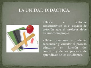 LA UNIDAD DIDÁCTICA.

         • Desde         el       enfoque
         constructivista es el espacio de
         creación que el profesor debe
         asumir como propio.

         • Debe orientarse a ordenar,
         secuenciar y vincular el proceso
         educativo en función del
         contexto y de los procesos de
         aprendizaje de los estudiantes.
 