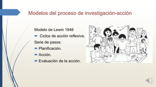 Modelos del proceso de investigación-acción
Modelo de Lewin 1946
 Ciclos de acción reflexiva.
Serie de pasos:
 Planificación.
 Acción.
 Evaluación de la acción.
 
