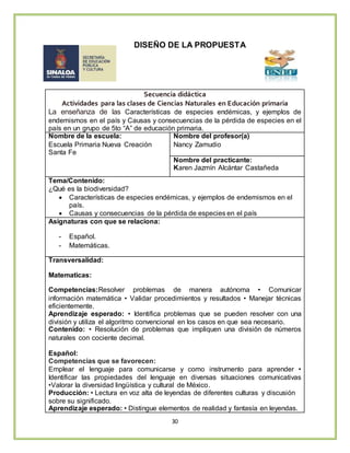 30
DISEÑO DE LA PROPUESTA
Secuencia didáctica
Actividades para las clases de Ciencias Naturales en Educación primaria
La enseñanza de las Características de especies endémicas, y ejemplos de
endemismos en el país y Causas y consecuencias de la pérdida de especies en el
país en un grupo de 5to “A” de educación primaria.
Nombre de la escuela:
Escuela Primaria Nueva Creación
Santa Fe
Nombre del profesor(a)
Nancy Zamudio
Nombre del practicante:
Karen Jazmín Alcántar Castañeda
Tema/Contenido:
¿Qué es la biodiversidad?
 Características de especies endémicas, y ejemplos de endemismos en el
país.
 Causas y consecuencias de la pérdida de especies en el país
Asignaturas con que se relaciona:
- Español.
- Matemáticas.
Transversalidad:
Matematicas:
Competencias:Resolver problemas de manera autónoma • Comunicar
información matemática • Validar procedimientos y resultados • Manejar técnicas
eficientemente.
Aprendizaje esperado: • Identifica problemas que se pueden resolver con una
división y utiliza el algoritmo convencional en los casos en que sea necesario.
Contenido: • Resolución de problemas que impliquen una división de números
naturales con cociente decimal.
Español:
Competencias que se favorecen:
Emplear el lenguaje para comunicarse y como instrumento para aprender •
Identificar las propiedades del lenguaje en diversas situaciones comunicativas
•Valorar la diversidad lingüística y cultural de México.
Producción: • Lectura en voz alta de leyendas de diferentes culturas y discusión
sobre su significado.
Aprendizaje esperado: • Distingue elementos de realidad y fantasía en leyendas.
 