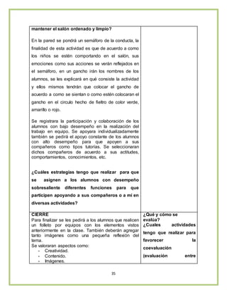 35
mantener el salón ordenado y limpio?
En la pared se pondrá un semáforo de la conducta, la
finalidad de esta actividad es que de acuerdo a como
los niños se estén comportando en el salón, sus
emociones como sus acciones se verán reflejados en
el semáforo, en un gancho irán los nombres de los
alumnos, se les explicará en qué consiste la actividad
y ellos mismos tendrán que colocar el gancho de
acuerdo a como se sientan o como estén colocaran el
gancho en el circulo hecho de fieltro de color verde,
amarillo o rojo.
Se registrara la participación y colaboración de los
alumnos con bajo desempeño en la realización del
trabajo en equipo. Se apoyara individualizadamente
también se pedirá el apoyo constante de los alumnos
con alto desempeño para que apoyen a sus
compañeros como tipos tutorías. Se seleccionaran
dichos compañeros de acuerdo a sus actitudes,
comportamientos, conocimientos, etc.
¿Cuáles estrategias tengo que realizar para que
se asignen a los alumnos con desempeño
sobresaliente diferentes funciones para que
participen apoyando a sus compañeros o a mí en
diversas actividades?
CIERRE
Para finalizar se les pedirá a los alumnos que realicen
un folleto por equipos con los elementos vistos
anteriormente en la clase. También deberán agregar
tanto imágenes como una pequeña reflexión del
tema.
Se valoraran aspectos como:
- Creatividad.
- Contenido.
- Imágenes.
¿Qué y cómo se
evalúa?
¿Cuales actividades
tengo que realizar para
favorecer la
coevaluación
(evaluación entre
 