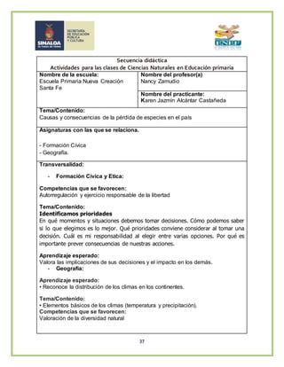 37
Secuencia didáctica
Actividades para las clases de Ciencias Naturales en Educación primaria
Nombre de la escuela:
Escuela Primaria Nueva Creación
Santa Fe
Nombre del profesor(a)
Nancy Zamudio
Nombre del practicante:
Karen Jazmín Alcántar Castañeda
Tema/Contenido:
Causas y consecuencias de la pérdida de especies en el país
Asignaturas con las que se relaciona.
- Formación Cívica
- Geografía.
Transversalidad:
- Formación Civica y Etica:
Competencias que se favorecen:
Autorregulación y ejercicio responsable de la libertad
Tema/Contenido:
Identificamos prioridades
En qué momentos y situaciones debemos tomar decisiones. Cómo podemos saber
si lo que elegimos es lo mejor. Qué prioridades conviene considerar al tomar una
decisión. Cuál es mi responsabilidad al elegir entre varias opciones. Por qué es
importante prever consecuencias de nuestras acciones.
Aprendizaje esperado:
Valora las implicaciones de sus decisiones y el impacto en los demás.
- Geografía:
Aprendizaje esperado:
• Reconoce la distribución de los climas en los continentes.
Tema/Contenido:
• Elementos básicos de los climas (temperatura y precipitación).
Competencias que se favorecen:
Valoración de la diversidad natural
 