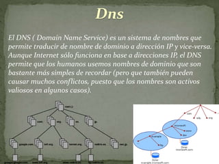 Dns
El DNS ( Domain Name Service) es un sistema de nombres que
permite traducir de nombre de dominio a dirección IP y vice-versa.
Aunque Internet sólo funciona en base a direcciones IP, el DNS
permite que los humanos usemos nombres de dominio que son
bastante más simples de recordar (pero que también pueden
causar muchos conflictos, puesto que los nombres son activos
valiosos en algunos casos).
 
