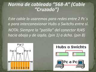 Norma de cableado “568-A” (Cable
“Cruzado”)
Este cable lo usaremos para redes entre 2 Pc´s
o para interconexionar Hubs o Switchs entre sí.
NOTA: Siempre la “patilla” del conector RJ45
hacia abajo y de izqda. (pin 1) a dcha. (pin 8)
 