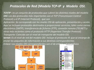 TCP/IP : es un conjunto de protocolos que cubren los distintos niveles del modelo
OSI: Los dos protocolos más importantes son el TCP (Transmission Control
Protocol) y el IP (Internet Protocol), que son
Aplicación: Se corresponde con los niveles OSI de aplicación, presentación y sesión.
Aquí se incluyen protocolos destinados a proporcionar servicios, tales como correo
electrónico (SMTP), transferencia de ficheros (FTP), conexión remota (TELNET) y
otros más recientes como el protocolo HTTP (Hypertext Transfer Protocol).
Transporte: Coincide con el nivel de transporte del modelo OSI.
ternet: Es el nivel de red del modelo OSI. Incluye al protocolo IP, que se encarga de
enviar los paquetes de información a sus destinos correspondientes
Enlace: Los niveles OSI correspondientes son el de enlace y el nivel físico
Protocolos de Red (Modelo TCP-IP y Modelo OSI.
 