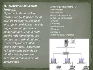 Formato de la cabecera TCP.
Puerto origen
Puerto destino
Número de secuencia
Señales de confirmación
Tamaño
Reservado
Bits de control
Windows
Checksum
Puntero a datos urgentes
TCP (Transmission Control
Protocol).
El protocolo de control de
transmisión (TCP) pertenece al
nivel de transporte, siendo el
encargado de dividir el mensaje
original en datagramas de
menor tamaño, y por lo tanto,
mucho más manejables. Los
datagramas serán dirigidos a
través del protocolo IP de
forma individual. El protocolo
TCP se encarga además de
añadir cierta información
necesaria a cada uno de los
datagramas
 