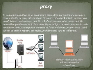 En una red informática, es un programa o dispositivo que realiza una acción en
representación de otro, esto es, si una hipotética máquina A solicita un recurso a
una C, lo hará mediante una petición a B; C entonces no sabrá que la petición
procedió originalmente de A. Esta situación estratégica de punto intermedio suele
ser aprovechada para soportar una serie de funcionalidades: proporcionar caché,
control de acceso, registro del tráfico, prohibir cierto tipo de tráfico etc.
proxy
Servidor Proxy conectando
indirectamente dos
ordenadores.
 