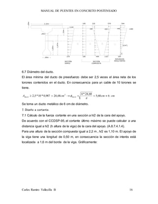 MANUAL DE PUENTES EN CONCRETO POSTENSADO
Carlos Ramiro Vallecilla B 16
,60m
2,32m
,20m
1,05m
1,47m
-1144
-374 -185
-185 220
-444
160
1167
-420
164
-1589
-579 -544
-445
SECCIÓN
SIMPLE
SECCIÓN
COMPUESTA
ESFUERZOS
RESULTANTES
(t/m )2
,19m
,53m
,20m
6.7 Diámetro del ducto.
El área mínima del ducto de preesfuerzo debe ser 2,5 veces el área neta de los
torones contenidos en el ducto. En consecuencia para un cable de 10 torones se
tiene.
cmcmcmA ductoducto 660,5
68,24*4
68,24987,0*10*5,2 2



Se toma un ducto metálico de 6 cm de diámetro.
7. Diseño a cortante.
7.1 Cálculo de la fuerza cortante en una sección a h/2 de la cara del apoyo.
De acuerdo con el CCDSP-95, el cortante último máximo se puede calcular a una
distancia igual a h/2 (h altura de la viga) de la cara del apoyo. (A.8.7.4.1.4).
Para una altura de la sección compuesta igual a 2,2 m , h/2 es 1,10 m. El apoyo de
la viga tiene una longitud de 0,50 m, en consecuencia la sección de interés está
localizada a 1,6 m del borde de la viga. Gráficamente:
 