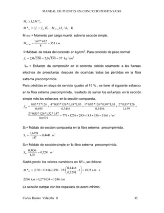 MANUAL DE PUENTES EN CONCRETO POSTENSADO
Carlos Ramiro Vallecilla B 35
cru MM *2,1
)1/()(* /  bcncdcpercr SSMSffM
M d/nc = Momento por carga muerta sobre la sección simple.
mtM ncd .351
8
412*67,1
/ 
fr=Módulo de rotura del concreto en kg/cm2. Para concreto de peso normal:
2
/373500,23500,2 cmkgfr 
fpe = Esfuerzo de compresión en el concreto debido solamente a las fuerzas
efectivas de preesfuerzo después de ocurridas todas las pérdidas en la fibra
extrema precomprimida.
Para pérdidas en etapa de servicio iguales al 15 % , se tiene el siguiente esfuerzo
en la fibra extrema precomprimida, resultado de sumar los esfuerzos en la sección
simple más los esfuerzos en la sección compuesta.
2
/31616361852931276771
6539,0
47,1*32,1*126*85,0*2
159,1
126*85,0*2
3456,0
05,1*90,0*126*85,0*1
3456,0
05,1*98,0*126*85,0*4
695,0
126*5*85,0
mt
fpe


Sc= Módulo de sección compuesta en la fibra extrema precomprimida.
3
4448,0
47,1
6539,0
mSc 
Sb= Módulo de sección simple en la fibra extrema precomprimida.
3
3291,0
05,1
3456,0
mSb 
Sustituyendo los valores numéricos en M*cr, se obtiene:






 mtM cr .10381
3291,0
4448,0
3513291,0)3161370(*
mtmt .12461038*2,1.2296 
La sección cumple con los requisitos de acero mínimo.
 