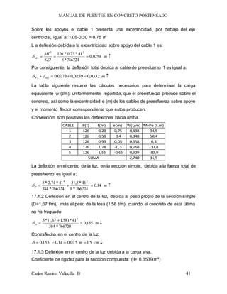 MANUAL DE PUENTES EN CONCRETO POSTENSADO
Carlos Ramiro Vallecilla B 41
Sobre los apoyos el cable 1 presenta una excentricidad, por debajo del eje
centroidal, igual a: 1,05-0,30 = 0,75 m
L a deflexión debida a la excentricidad sobre apoyo del cable 1 es:
 m
EI
ML
M 0259,0
766724*8
41*75,0*126
8
22
1
Por consiguiente, la deflexión total debida al cable de preesfuerzo 1 es igual a:
 mMW 0332,00259,00073,011 
La tabla siguiente resume las cálculos necesarios para determinar la carga
equivalente w (t/m), uniformemente repartida, que el preesfuerzo produce sobre el
concreto, así como la excentricidad e (m) de los cables de preesfuerzo sobre apoyo
y el momento flector correspondiente que estos producen.
Convención: son positivas las deflexiones hacia arriba.
CABLE P(t) f(m) e(m) W(t/m) M=Pe (t.m)
1 126 0,23 0,75 0,138 94,5
2 126 0,58 0,4 0,348 50,4
3 126 0,93 0,05 0,558 6,3
4 126 1,28 -0,3 0,768 -37,8
5 126 1,55 -0,65 0,929 -81,9
2,740 31,5SUMA
La deflexión en el centro de la luz, en la sección simple, debida a la fuerza total de
preesfuerzo es igual a:
 mP 14,0
766724*8
41*5,31
766724*384
41*74,2*5 24

17.1.2 Deflexión en el centro de la luz, debida al peso propio de la sección simple
(D=1,67 t/m), más el peso de la losa (1,58 t/m), cuando el concreto de esta última
no ha fraguado:


 mD 155,0
766720*384
41*)58,167,1(*5 4

Contraflecha en el centro de la luz:
 cmm 5,1015,014,0155,0
17.1.3 Deflexión en el centro de la luz debida a la carga viva.
Coeficiente de rigidez para la sección compuesta: ( I= 0,6539 m4)
 