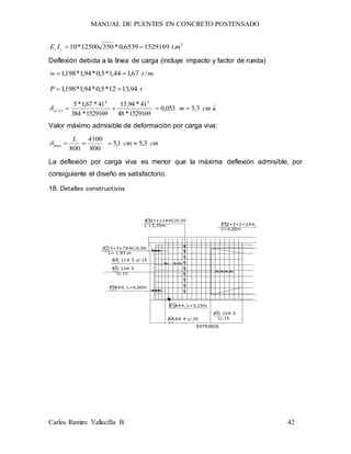 MANUAL DE PUENTES EN CONCRETO POSTENSADO
Carlos Ramiro Vallecilla B 42
2
.15291696539,0*35012500*10 mtIE cc 
Deflexión debida a la línea de carga (incluye impacto y factor de rueda)
mtw /67,144,1*5,0*94,1*198,1 
tP 94,1312*5,0*94,1*198,1 
 cmmIl 3,5053,0
1529169*48
41*94,13
1529169*384
41*67,1*5 34
)(
Valor máximo admisible de deformación por carga viva:
cmcm
L
3,51,5
800
4100
800
max 
La deflexión por carga viva es menor que la máxima deflexión admisible, por
consiguiente el diseño es satisfactorio.
18. Detalles constructivos
P24#4, L=4,00m
ESTRIBOS
A4 8# 4 c/.20
A4 11# 5 c/.15
A5 10# 5
c/.15
A311+11#4C/0.20
L =3,35m
P34#4, L=3,15m
A2 7+7+7#4C/0.09
L= 1,93 m
P22+2+2+2#4,
L=4,00m
A5 10# 5
c/.15
 