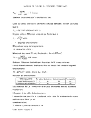 MANUAL DE PUENTES EN CONCRETO POSTENSADO
Carlos Ramiro Vallecilla B 6
toronesP 41
987,0*12800
521000
%60 
Se toman cinco cables con 10 torones cada uno.
Estos 50 cables, tensionados al máximo esfuerzo admisible, resisten una fuerza
igual a:
kgP 63160012800*987,0*50%60 
En cada cable de 10 torones se ejerce una fuerza igual a
tPcable 126
5
6,631

 Segundo tensionamiento
Diferencia de fuerza de tensionamiento
tP 4,2366,631868 
Número de torones de 0,5 pulg de diámetro ( ASP = 0,987 cm2)
toronesNo 19
12800*987,0
236400

Se toman 20 torones distribuidos en dos cables de 10 torones cada uno.
Fuerza de tensionamiento en el centro de la luz debida a los cables de segundo
tensionamiento:
tkgP 7,25225267212800*987,0*20 
Resumen del tensionamiento
No cables No.torones Fuerza/cable
5 50 126 t
2 20 126 t
TENSIONAMIENTO
PRIMER TENSIONAMIENTO
SEGUNDO TENSIONAMIENTO
No.torones/cable
10
10
Nota: la fuerza de 126 t corresponde a la fuerza en el centro de la luz durante la
transferencia.
5. Ecuación de los cables de tensionamiento
La ecuación que describe la posición de cada cable de tensionamiento es una
parábola de la forma y= kx2.
En esta ecuación:
X se mide a partir del centro de la luz.
 