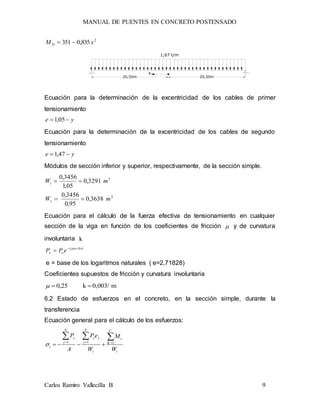 MANUAL DE PUENTES EN CONCRETO POSTENSADO
Carlos Ramiro Vallecilla B 9
2
835,0351 xM D 
1,67 t/m
20,50m 20,50m
x
Ecuación para la determinación de la excentricidad de los cables de primer
tensionamiento
ye  05,1
Ecuación para la determinación de la excentricidad de los cables de segundo
tensionamiento
ye  47,1
Módulos de sección inferior y superior, respectivamente, de la sección simple.
3
3
3638,0
95,0
3456,0
3291,0
05,1
3456,0
mW
mW
s
i


Ecuación para el cálculo de la fuerza efectiva de tensionamiento en cualquier
sección de la viga en función de los coeficientes de fricción  y de curvatura
involuntaria k
)( kx
ox ePP 
 
e = base de los logaritmos naturales ( e=2,71828)
Coeficientes supuestos de fricción y curvatura involuntaria
m0,003/k25,0 
6.2 Estado de esfuerzos en el concreto, en la sección simple, durante la
transferencia
Ecuación general para el cálculo de los esfuerzos:
i
C
K
c
i
N
j
jj
N
j
j
i
W
M
W
eP
A
P 

 111

 