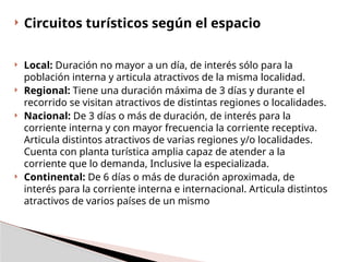  Circuitos turísticos según el espacio
 Local: Duración no mayor a un día, de interés sólo para la
población interna y articula atractivos de la misma localidad.
 Regional: Tiene una duración máxima de 3 días y durante el
recorrido se visitan atractivos de distintas regiones o localidades.
 Nacional: De 3 días o más de duración, de interés para la
corriente interna y con mayor frecuencia la corriente receptiva.
Articula distintos atractivos de varias regiones y/o localidades.
Cuenta con planta turística amplia capaz de atender a la
corriente que lo demanda, Inclusive la especializada.
 Continental: De 6 días o más de duración aproximada, de
interés para la corriente interna e internacional. Articula distintos
atractivos de varios países de un mismo
 