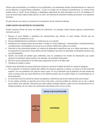 ofrecen para el estudiante y el maestro es muy significativa. Los estudiantes reciben retroalimentación en cada uno
de los aspectos o características evaluados , lo que no sucede con el enfoque comprehensivo. Lo anterior hace
posible crear un "perfil" de las fortalezas y debilidades específicas de cada estudiante con el fin de establecer un
curso de acción para mejorar éstas últimas. Es decir, las matrices de valoración analítica promueven una valoración
formativa.
En este artículo nos vamos a concentrar en la exposición de las matrices analíticas.
COMO HACER UNA MATRIZ DE VALORACIÓN.
Existen diversas formas de hacer una Matriz de Valoración; sin embargo, todas incluyen algunas características
comunes que son:
1. Busque un buen Modelo e identifique las características que definen un buen trabajo. Permita que los
estudiantes se familiaricen con él.
2. Revise detalladamente el contenido o unidad que se va a estudiar .
3. Establezca con claridad dentro de esa área o unidad un (unos) objetivo(s) , desempeño(s), comportamiento(s),
competencia(s) o actividad(es) en los que se va a enfocar. Determine cuáles va a evaluar.
4. Describa lo más claramente posible, los criterios de desempeño específicos que va a utilizar para llevar a cabo
la evaluación de esas áreas. Estos deben permitir establecer qué tanto ha aprendido el estudiante del tema que
se está trabajando.
5. Diseñe una escala de calidad para calificarlas, esto es, establezca los niveles de desempeño que puede
alcanzar el estudiante. Estos pueden ir por ejemplo, de excelente hasta pobre.
6. Revise lo que ha plasmado en la matriz para asegurarse de que no le falta nada
7. Practique el modelo o matriz.
Cuando haya clarificado los pasos anteriores comience a construir la Matriz teniendo en cuenta lo siguiente:
Por lo general, la escala de calidad para calificar los diversos aspectos a evaluar, se ubica en la fila horizontal
superior, con una gradación que vaya de mejor a peor. Es muy importante que la gradación de esta escala sea
obvia y precisa para que haya diferencia en los distintos grados que se pueden lograr en el aprendizaje de un
tema propuesto.
En la primera columna vertical se ubican los aspectos o elementos que se han seleccionado para evaluar.
En las celdas centrales se describe de la forma más clara y concisa posible los criterios que se van a utilizar
para evaluar esos aspectos. Recuerde que estas celdas centrales explican cuáles son las características de un
trabajo excelente, de uno malo y las variaciones intermedias entre el uno y el otro.

 