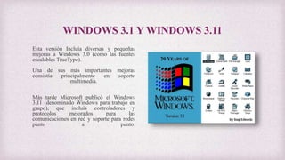 WINDOWS 3.1 Y WINDOWS 3.11
Esta versión Incluía diversas y pequeñas
mejoras a Windows 3.0 (como las fuentes
escalables TrueType).
Una de sus más importantes mejoras
consistía principalmente en soporte
multimedia.
Más tarde Microsoft publicó el Windows
3.11 (denominado Windows para trabajo en
grupo), que incluía controladores y
protocolos mejorados para las
comunicaciones en red y soporte para redes
punto a punto.
 