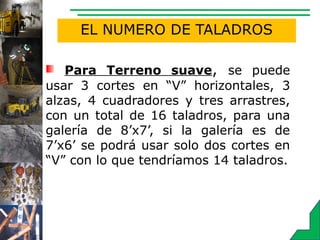 EL NUMERO DE TALADROS
Para Terreno suave, se puede
usar 3 cortes en “V” horizontales, 3
alzas, 4 cuadradores y tres arrastres,
con un total de 16 taladros, para una
galería de 8’x7’, si la galería es de
7’x6’ se podrá usar solo dos cortes en
“V” con lo que tendríamos 14 taladros.
 
