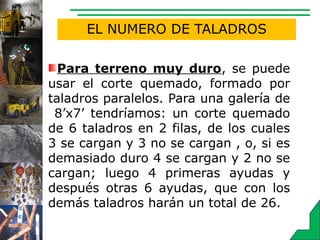 EL NUMERO DE TALADROS
Para terreno muy duro, se puede
usar el corte quemado, formado por
taladros paralelos. Para una galería de
8’x7’ tendríamos: un corte quemado
de 6 taladros en 2 filas, de los cuales
3 se cargan y 3 no se cargan , o, si es
demasiado duro 4 se cargan y 2 no se
cargan; luego 4 primeras ayudas y
después otras 6 ayudas, que con los
demás taladros harán un total de 26.
 