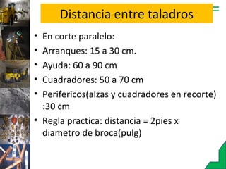 Distancia entre taladros
• En corte paralelo:
• Arranques: 15 a 30 cm.
• Ayuda: 60 a 90 cm
• Cuadradores: 50 a 70 cm
• Perifericos(alzas y cuadradores en recorte)
:30 cm
• Regla practica: distancia = 2pies x
diametro de broca(pulg)
 