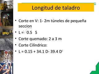 Longitud de taladro
• Corte en V: 1- 2m túneles de pequeña
seccion
• L = 0.5 S
• Corte quemado: 2 a 3 m
• Corte Cilíndrico:
• L = 0.15 + 34.1 D- 39.4 D2
 