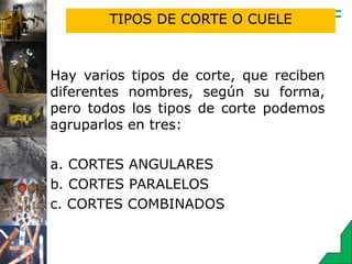 TIPOS DE CORTE O CUELE
Hay varios tipos de corte, que reciben
diferentes nombres, según su forma,
pero todos los tipos de corte podemos
agruparlos en tres:
a. CORTES ANGULARES
b. CORTES PARALELOS
c. CORTES COMBINADOS
 