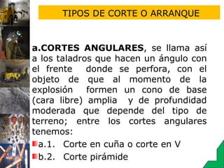 TIPOS DE CORTE O ARRANQUE
a.CORTES ANGULARES, se llama así
a los taladros que hacen un ángulo con
el frente donde se perfora, con el
objeto de que al momento de la
explosión formen un cono de base
(cara libre) amplia y de profundidad
moderada que depende del tipo de
terreno; entre los cortes angulares
tenemos:
a.1.    Corte en cuña o corte en V
b.2.    Corte pirámide
 