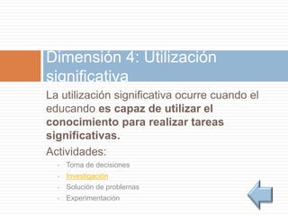 La utilización significativa ocurre cuando el
educando es capaz de utilizar el
conocimiento para realizar tareas
significativas.
Actividades:
• Toma de decisiones
• Investigación
• Solución de problemas
• Experimentación
Dimensión 4: Utilización
significativa
 