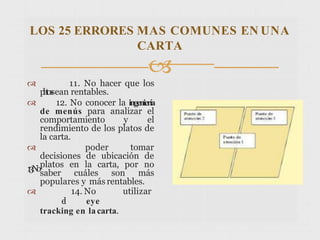 LOS 25 ERRORES MAS COMUNES EN UNA
CARTA

 11. No hacer que los
p
l
a
t
o
s
sean rentables.
 12. No conocer la ingeniería
de menús para analizar el
comportamiento y el
rendimiento de los platos de
la carta.

1
3
.
N
o
poder tomar
decisiones de ubicación de
platos en la carta, por no
saber cuáles son más
populares y más rentables.
 14. No utilizar
e
l eye
tracking en la carta.
 