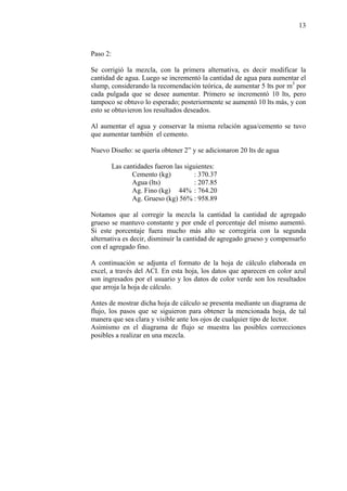 13
Paso 2:
Se corrigió la mezcla, con la primera alternativa, es decir modificar la
cantidad de agua. Luego se incrementó la cantidad de agua para aumentar el
slump, considerando la recomendación teórica, de aumentar 5 lts por m3
por
cada pulgada que se desee aumentar. Primero se incrementó 10 lts, pero
tampoco se obtuvo lo esperado; posteriormente se aumentó 10 lts más, y con
esto se obtuvieron los resultados deseados.
Al aumentar el agua y conservar la misma relación agua/cemento se tuvo
que aumentar también el cemento.
Nuevo Diseño: se quería obtener 2” y se adicionaron 20 lts de agua
Las cantidades fueron las siguientes:
Cemento (kg) : 370.37
Agua (lts) : 207.85
Ag. Fino (kg) 44% : 764.20
Ag. Grueso (kg) 56% : 958.89
Notamos que al corregir la mezcla la cantidad la cantidad de agregado
grueso se mantuvo constante y por ende el porcentaje del mismo aumentó.
Si este porcentaje fuera mucho más alto se corregiría con la segunda
alternativa es decir, disminuir la cantidad de agregado grueso y compensarlo
con el agregado fino.
A continuación se adjunta el formato de la hoja de cálculo elaborada en
excel, a través del ACI. En esta hoja, los datos que aparecen en color azul
son ingresados por el usuario y los datos de color verde son los resultados
que arroja la hoja de cálculo.
Antes de mostrar dicha hoja de cálculo se presenta mediante un diagrama de
flujo, los pasos que se siguieron para obtener la mencionada hoja, de tal
manera que sea clara y visible ante los ojos de cualquier tipo de lector.
Asimismo en el diagrama de flujo se muestra las posibles correcciones
posibles a realizar en una mezcla.
 
