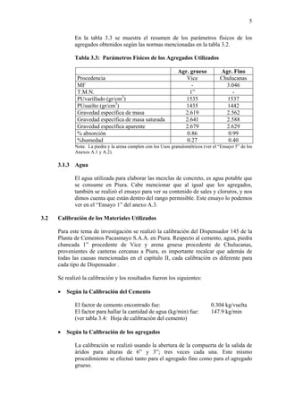 5
En la tabla 3.3 se muestra el resumen de los parámetros físicos de los
agregados obtenidos según las normas mencionadas en la tabla 3.2.
Tabla 3.3: Parámetros Físicos de los Agregados Utilizados
Agr. grueso Agr. Fino
Procedencia Vice Chulucanas
MF - 3.046
T.M.N. 1” -
PUvarillado (gr/cm3
) 1535 1537
PUsuelto (gr/cm3
) 1435 1442
Gravedad específica de masa 2.619 2.562
Gravedad específica de masa saturada 2.641 2.588
Gravedad específica aparente 2.679 2.629
% absorción 0.86 0.99
%humedad 0.27 0.40
Nota: La piedra y la arena cumplen con los Usos granulométricos (ver el “Ensayo 5” de los
Anexos A.1 y A.2).
3.1.3 Agua
El agua utilizada para elaborar las mezclas de concreto, es agua potable que
se consume en Piura. Cabe mencionar que al igual que los agregados,
también se realizó el ensayo para ver su contenido de sales y cloruros, y nos
dimos cuenta que están dentro del rango permisible. Este ensayo lo podemos
ver en el “Ensayo 1” del anexo A.3.
3.2 Calibración de los Materiales Utilizados
Para este tema de investigación se realizó la calibración del Dispensador 145 de la
Planta de Cementos Pacasmayo S.A.A. en Piura. Respecto al cemento, agua, piedra
chancada 1” procedente de Vice y arena gruesa procedente de Chulucanas,
provenientes de canteras cercanas a Piura, es importante recalcar que además de
todas las causas mencionadas en el capítulo II, cada calibración es diferente para
cada tipo de Dispensador .
Se realizó la calibración y los resultados fueron los siguientes:
• Según la Calibración del Cemento
El factor de cemento encontrado fue: 0.304 kg/vuelta
El factor para hallar la cantidad de agua (kg/min) fue: 147.9 kg/min
(ver tabla 3.4: Hoja de calibración del cemento)
• Según la Calibración de los agregados
La calibración se realizó usando la abertura de la compuerta de la salida de
áridos para alturas de 6” y 3”; tres veces cada una. Este mismo
procedimiento se efectuó tanto para el agregado fino como para el agregado
grueso.
 
