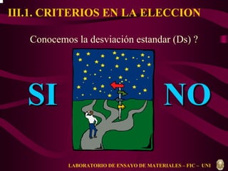 III.1. CRITERIOS EN LA ELECCION 
Conocemos la desviación estandar (Ds) ? 
SI NO 
LABORATORIO DE ENSAYO DE MATERIALES – FIC – UNI 
 