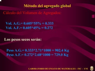 Método del agregado global 
Cálculo del Volumen de Agregados: 
Vol. A.G.= 0.605*55% = 0.333 
Vol. A.F.= 0.605*45% = 0.272 
Los pesos secos serán: 
Peso A.G.= 0.333*2.71*1000 = 902.4 Kg 
Peso A.F.= 0.272*2.68*1000 = 729.0 Kg 
LABORATORIO DE ENSAYO DE MATERIALES – FIC – UNI 
 