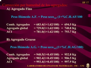 15/ 17 
Corrección por humedad de los agregados: 
A) Agregado Fino 
Peso Húmedo A.F. = Peso secoAF (1+%C.H.AF/100 
Comb. Agregados = 683.4(1+1.62/100) = 694.5 Kg 
Agregado global = 729.0(1+1.62/100) = 740.8 Kg 
ACI = 781.0(1+1.62/100) = 793.7 Kg 
B) Agregado Grueso 
Peso Húmedo A.G. = Peso secoAG(1+%C.H.AG/100) 
Comb. Agregados = 948.5(1+0.45/100) = 952.8 Kg 
Agregado global = 902.4(1+0.45/100) = 906.5 Kg 
ACI = 993.4(1+0.45/100) = 997.9 Kg 
LABORATORIO DE ENSAYO DE MATERIALES – FIC – UNI 
 