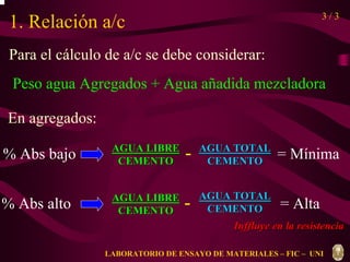 1. Relación a/c 
Para el cálculo de a/c se debe considerar: 
Peso agua Agregados + Agua añadida mezcladora 
En agregados: 
% Abs bajo - = Mínima 
% Abs alto - = Alta 
3 / 3 
AGUA LIBRE 
CEMENTO 
AGUA TOTAL 
CEMENTO 
AGUA LIBRE 
CEMENTO 
AGUA TOTAL 
CEMENTO 
Inffluye en la resistencia 
LABORATORIO DE ENSAYO DE MATERIALES – FIC – UNI 
 