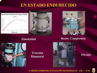 EN ESTADO ENDURECIDO 
e prom 
0.0E+00 5.0E-04 1.0E-03 1.5E-03 2.0E-03 2.5E-03 
Elasticidad Resist. Compresión 
Tracción Flexión 
Diametral 
iagrama Esfuerzo-Deformación Ensayo 21/5/2002 
450.00 
400.00 
350.00 
300.00 
250.00 
200.00 
150.00 
100.00 
50.00 
0.00 
-50.00 
Deformacion 
LABORATORIO DE ENSAYO DE MATERIALES – FIC – UNI 
 
