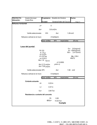PROYECTO:        Estadio Municipal            Propietario: Alcaldía de Ginebra               Fecha:
Ubicación:       Costa Rica
                                              Ciudad:             Ginebra(Valle del Cauca)        7-Sep-11
Refuerzo horizontal
                                        ρ=                    0

                                      As=                 3.8 cm2/m

                      Varilla seleccionada:        Nº4                As=             1.29 cm2

            Refuerzo vertical en el muro:                     4 Varillas/m

                                              Usar varillas         Nº4       espaciadas        25 cms


          Losa del puntal:
                                                                                      f'c= 210 kg/cm2
                                       Φ= 0.9                                          fy= 4200 kg/cm2
                                        b: 1.0 m                                      Wc= 2.4 Ton/m3
                                       d= 0.23 m
                                       d'= 0.07 m                                             Mu = 38.4
                                       e= 0.30 m                                             Φbd^2
                                      Mu= 1.8 Ton-m
                                                                       ρ= 0.0009
                                      As= 2.13 cm2/m                ρmin= 0
                                      As= 7.59 cm2/m

                      Varilla seleccionada: Nº5                       As=             1.99 cm2

            Refuerzo vertical en el muro:                     5 Varillas/m

                                              Usar varillas         Nº5       espaciadas        20 cms

                 Cortante actuante
                                        d=               0.23 m

                                        L=               0.37 m

                                      Vu=                3.84 Ton

                 Resistencia a cortante del concreto

                                                          Φ=          0.85
                                                     ΦVc=            15.02 Ton
                                                                             Cumple




                                                      ING. LUIS CARLOS QUINTERO A.
                                                               M.P. 76202092505VLL
 
