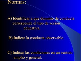Normas:

A) Identificar a que dominio de conducta
   corresponde el tipo de acción
          educativa.

B) Indicar la conducta observable.


C) Indicar las condiciones en un sentido
    amplio y general.
 