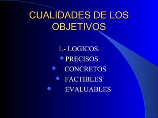 CUALIDADES DE LOS
   OBJETIVOS

     1.- LOGICOS.
      PRECISOS
     CONCRETOS
      FACTIBLES
       EVALUABLES
 