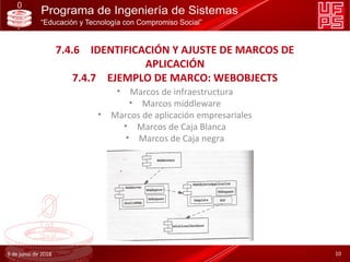 7.4.6 IDENTIFICACIÓN Y AJUSTE DE MARCOS DE
APLICACIÓN
7.4.7 EJEMPLO DE MARCO: WEBOBJECTS
• Marcos de infraestructura
• Marcos middleware
• Marcos de aplicación empresariales
• Marcos de Caja Blanca
• Marcos de Caja negra
9 de junio de 2018 10
 
